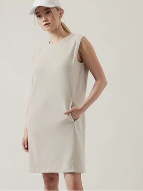 Athleta Seasoft Tank Dress Beige Sleeveless Midi Dress Pockets Size Medium NWT